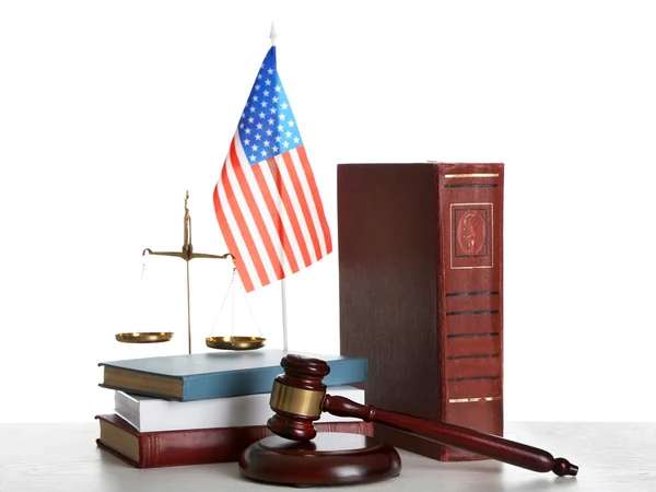 Wooden gavel with justice scales — Stock Photo, Image