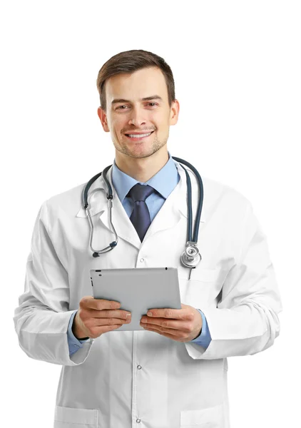 Doctor with tablet isolated on white — Stock Photo, Image