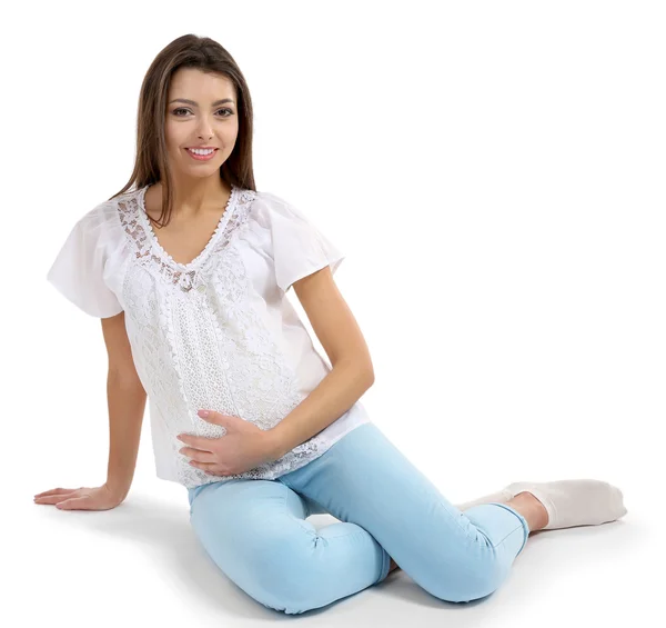 Όμορφη έγκυος γυναίκα απομονωμένη σε λευκό — Φωτογραφία Αρχείου