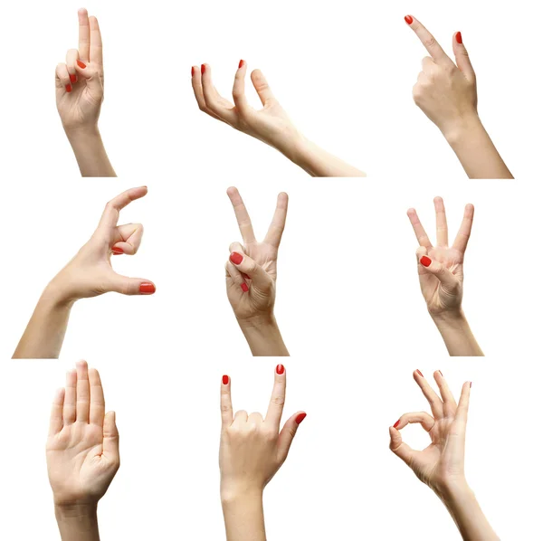 Σετ θηλυκό χέρια χειρονομίες, απομονώνονται σε λευκό — Φωτογραφία Αρχείου