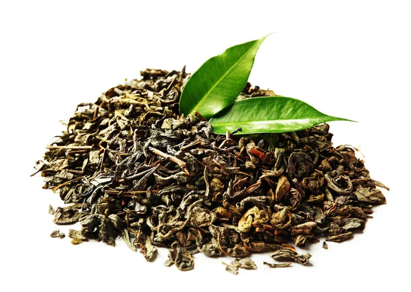 Pile of dry tea with green leaves, isolated on white — Stock Photo, Image