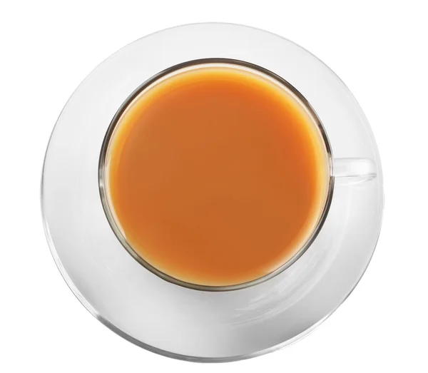 Xícara de chá de vidro com leite isolado no fundo branco — Fotografia de Stock