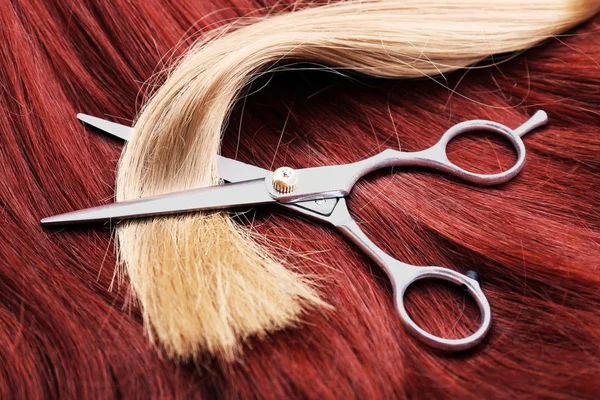 Nożyczki fryzjerskie z varicolored kosmyki włosów, z bliska — Zdjęcie stockowe