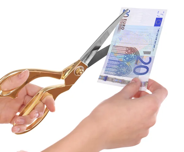 Handen met een schaar snijden Euro — Stockfoto