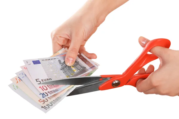 Hands with scissors cutting Euro — Stock Photo, Image