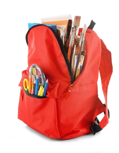 Roter Rucksack mit buntem Papeterie — Stockfoto