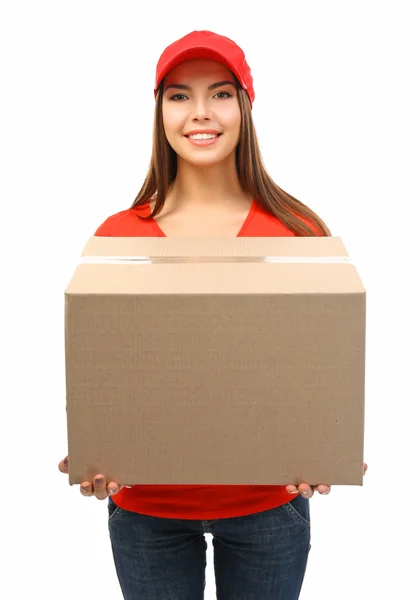 Доставка жінка з картонним пакетом — стокове фото