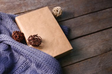 kitap, dekoratif toplar ve yün battaniye