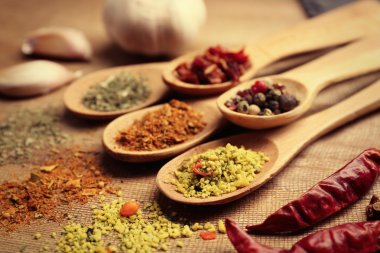 Ahşap masa portre üzerinde kaşık içinde çeşitli baharatlar