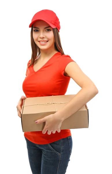 Wanita pengiriman dengan paket karton — Stok Foto