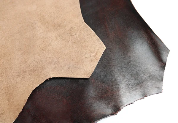 Dark brown leather on white background, close up — Stock Photo, Image