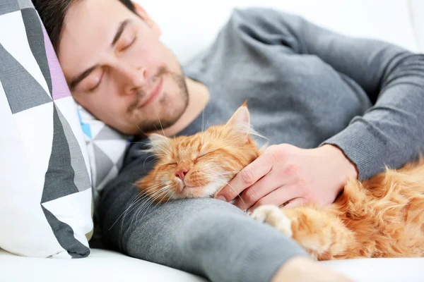 Joven con gato esponjoso tumbado en un sofá — Foto de Stock