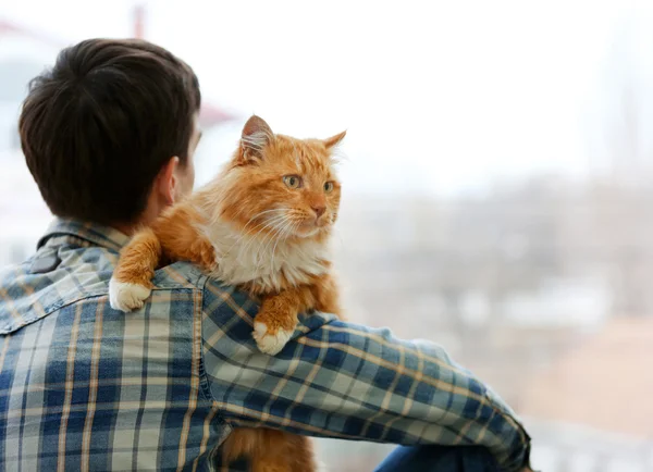 Gato vermelho fofo sentado no ombro de um homem — Fotografia de Stock