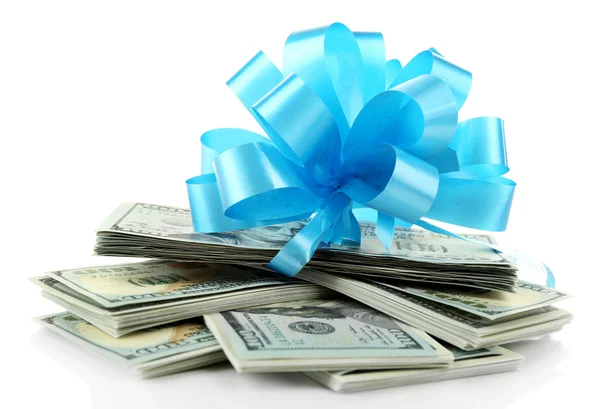 Dollars and big blue bow isolated on white — Stock Photo, Image