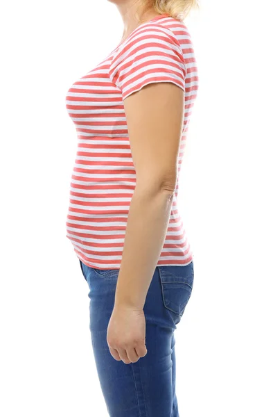 Chubby Woman Body Pink Tee Shirt Jeans Isolated White — Stock Photo, Image