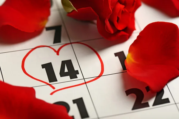 Calendrier avec date du 14 février et fleur rose. Concept de Saint-Valentin — Photo