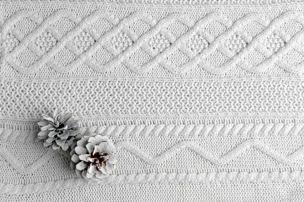 Красивый простой зимний фон с шишками на трикотажной текстуре — стоковое фото