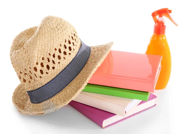 Travel set: books, hat and suntan oil, isolated on white — Stock Photo, Image