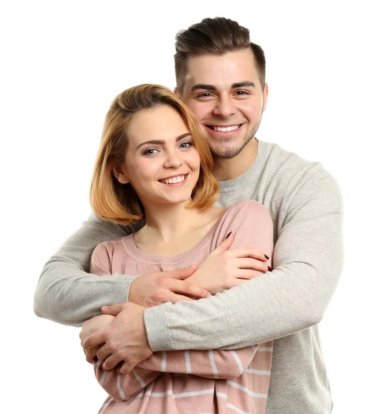 Ungt par i kärlek omfamna, isolerade på vit — Stockfoto