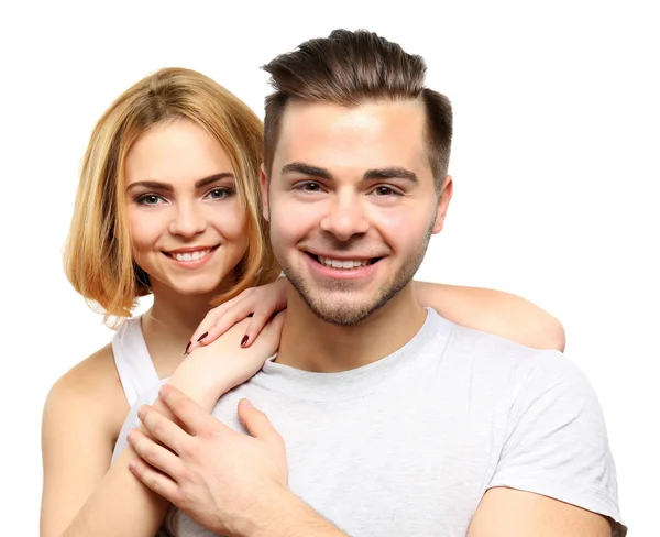 Young couple in love embracing, isolated on white — Stock Photo, Image