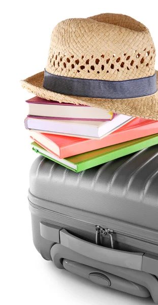 Travel set: böcker, hatt och bagage, isolerad på vit — Stockfoto