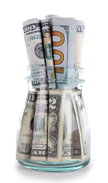 Dólares em jarra, isolados em branco — Fotografia de Stock
