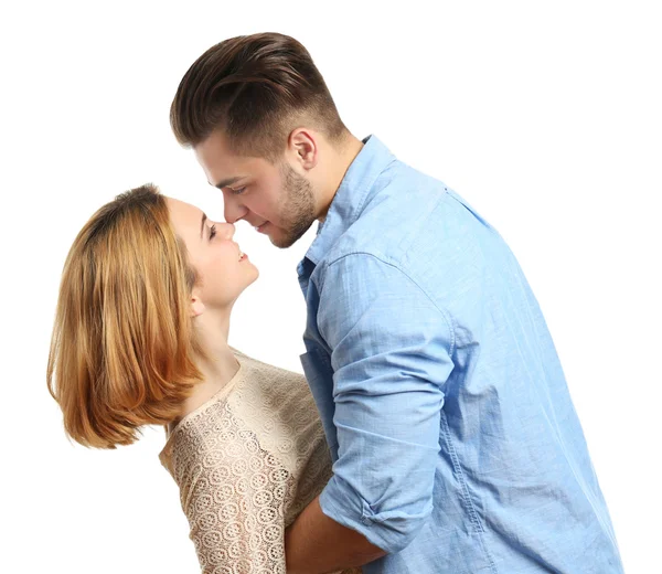 Young couple in love embracing, isolated on white — Stock Photo, Image