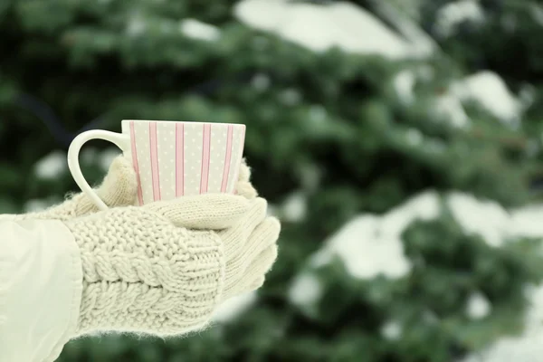 Manos femeninas sosteniendo taza de bebida caliente en el parque de invierno —  Fotos de Stock