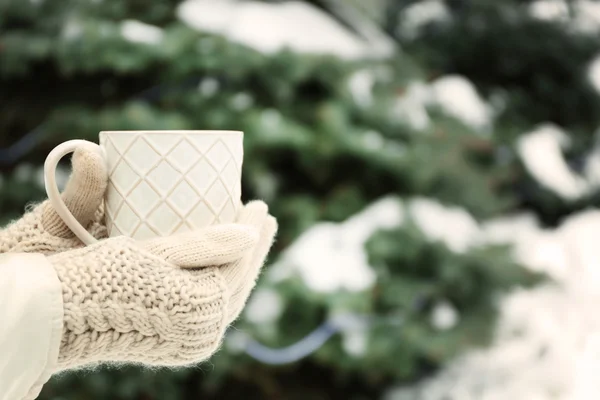 Manos femeninas sosteniendo taza de bebida caliente en el parque de invierno —  Fotos de Stock