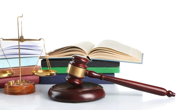 Wooden gavel with justice scales and stacks of books, isolated on white — Stock Photo, Image