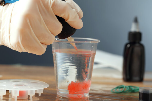 Preparation process for making soft shadows on tattoo, close up