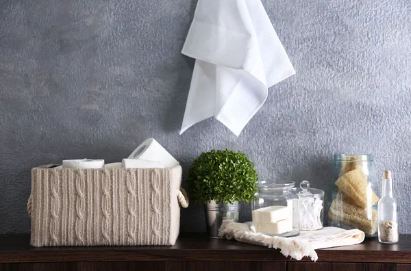 Bath accessories on grey — Stock Photo, Image