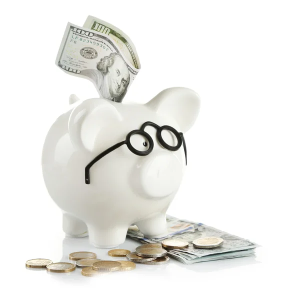 Piggy bank in glasses with dollars — Stock Photo, Image