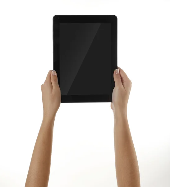 Black tablet in hands — Stock Photo, Image