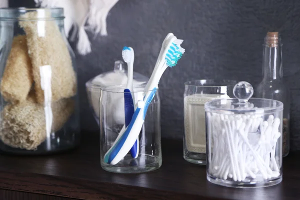 Bath accessories on grey — Stock Photo, Image