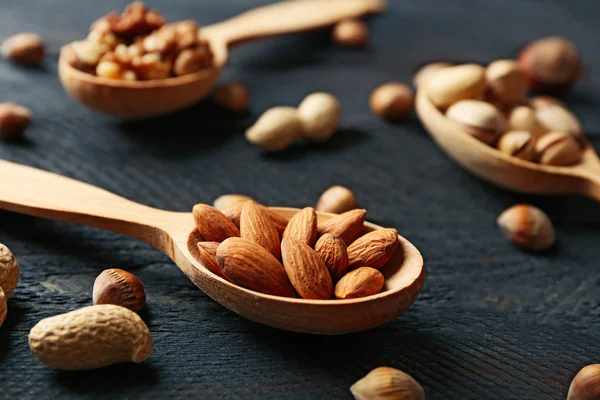 Lepels met hazelnoten, walnoten, pistachenoten, amandelen, eikels en pinda's, op grijze houten achtergrond — Stockfoto