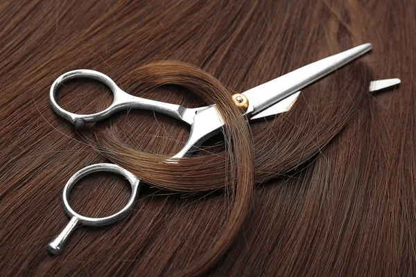 Scissors with dark brown hair, close up — Stock Photo, Image