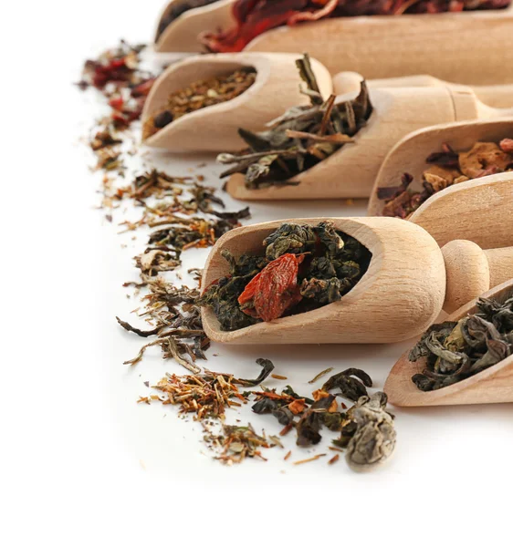 Variety of dry tea in wooden scoops isolated on white, copy space — Stock Photo, Image