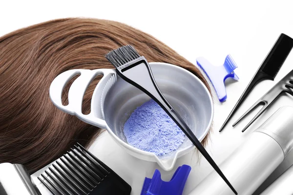 Set Barbero Con Hebra Herramientas Tinte Para Cabello Aislado Blanco — Foto de Stock