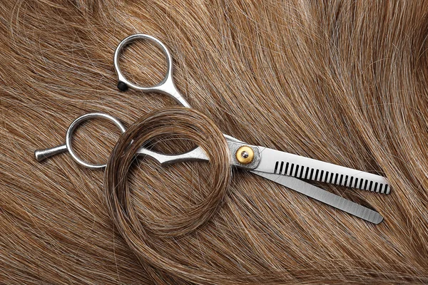 Ножиці перукарські з каштанове волосся, крупним планом — стокове фото