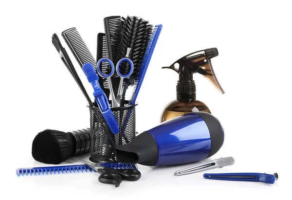 Set de coiffeur avec outils et équipements, isolé sur blanc — Photo