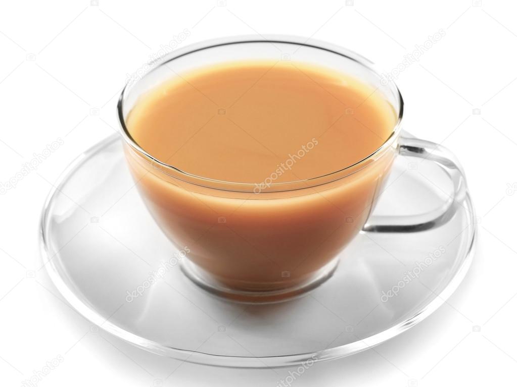 Glass cup of tea with milk isolated on white background Stock