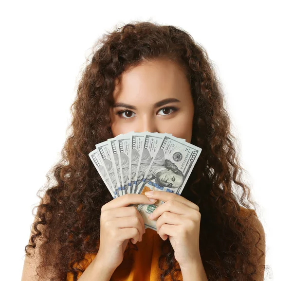 Beautiful young girl holding cash, isolated on white — Stock Photo, Image