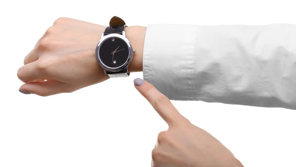 Moderna klocka på en kvinnas handled isolerad på vit — Stockfoto