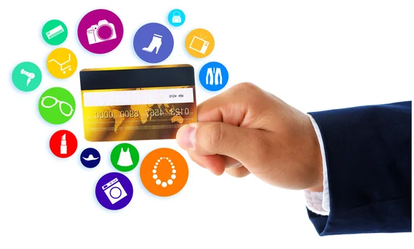 Compras en línea. Tarjeta de crédito de mano, aislada en blanco — Foto de Stock