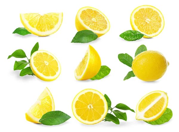 Conjunto de limones frescos con hojas — Foto de Stock