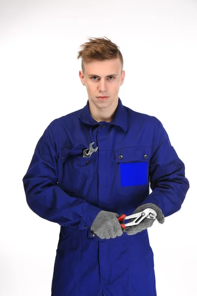 Young Repairman Holding Pliers White Background — Stock Photo, Image