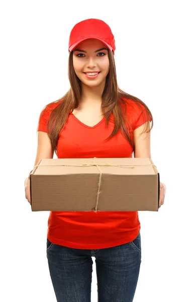 Livraison femme avec un paquet de carton — Photo
