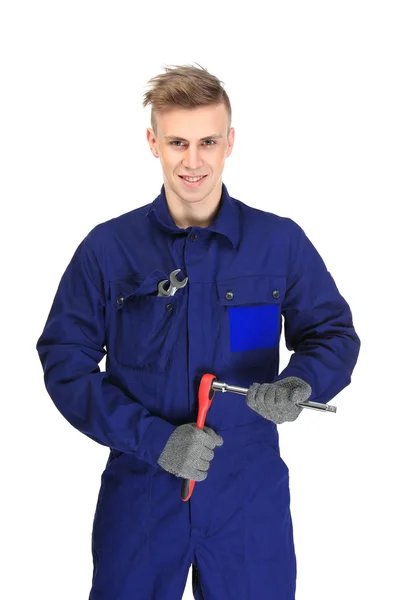 Young Repairman Holding Car Repairing Tool White Background — Stock Photo, Image