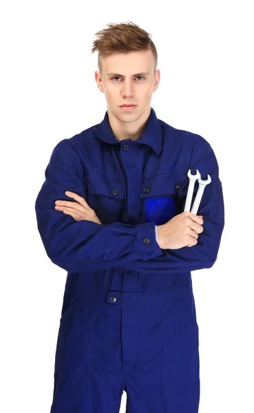 Young Repairman Crossed Arms Holding Wrenches White Background — Stock Photo, Image